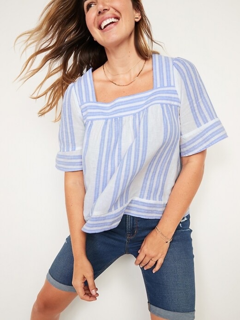 Old Navy Blue White Striped Linen Rayon Square Neck Blouse XL Coastal Beach Pool